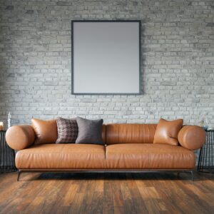Mid-Century Modern Cognac Leather Sofa – 3 Seater with Bolster Arms & Metal Base